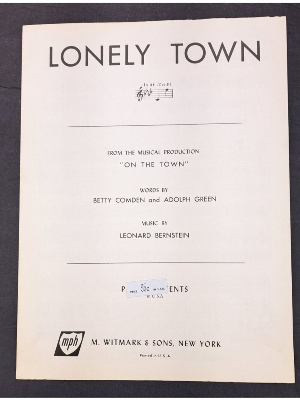 Vintage Lonely Town Sheet Music On The Town Leonard Bernstein 1945 Green Comden